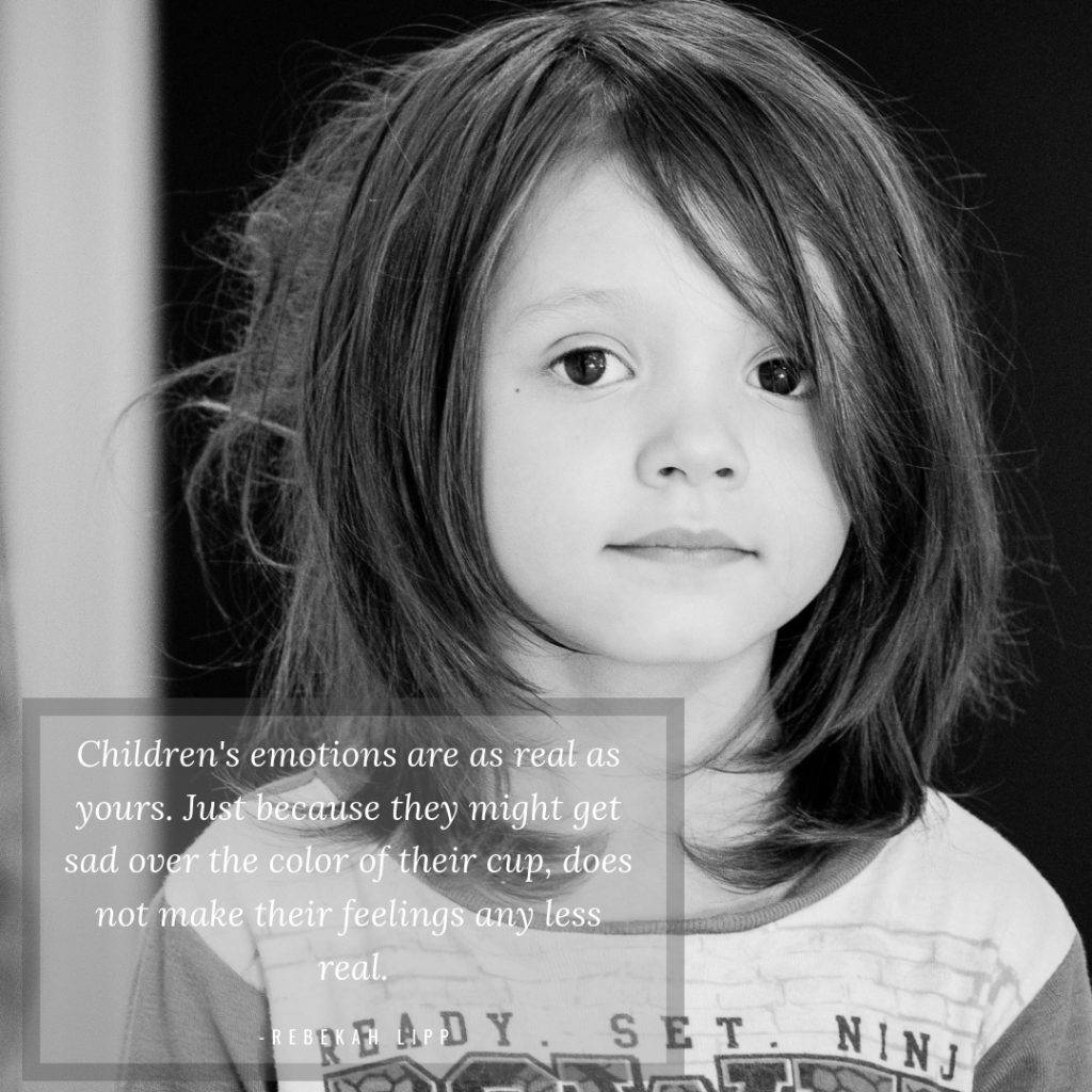 Children's emotions are as real as yours. Just because they might get sad over the color of their cup, does not make their feelings any less real.

-Rebekah Lipp