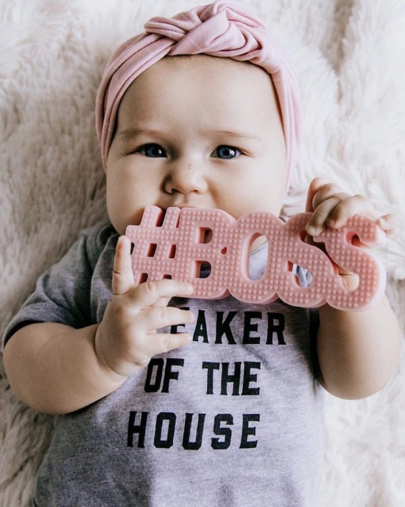 #BOSS Silicone baby teether. Cute Baby Teething Toys | Stylish baby toys featured on Babies, Love, & Lattes a motherhood and lifestyle blog by popular North Carolina blogger, Jessica Linn.